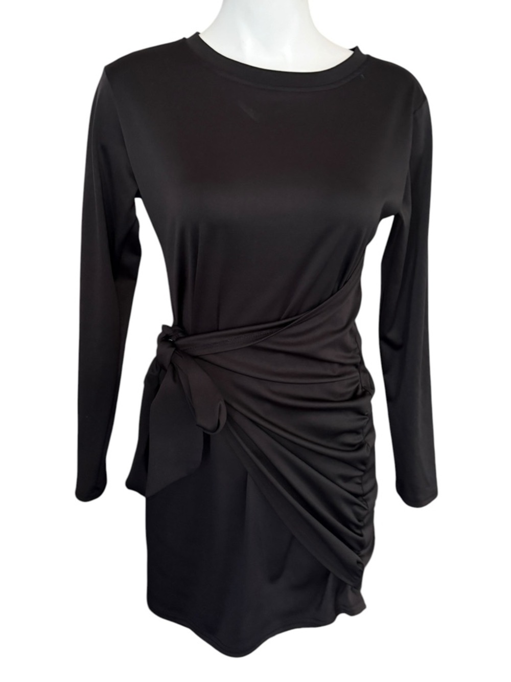 Sucrefas Black Long-Sleeve Side Tie -Waist Dress, flattering, mini, sz Small